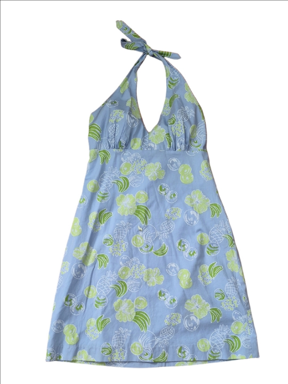 Lilly Pulitzer Light Blue & Lime Green Floral Fruit Backless Halter Dress Size 8